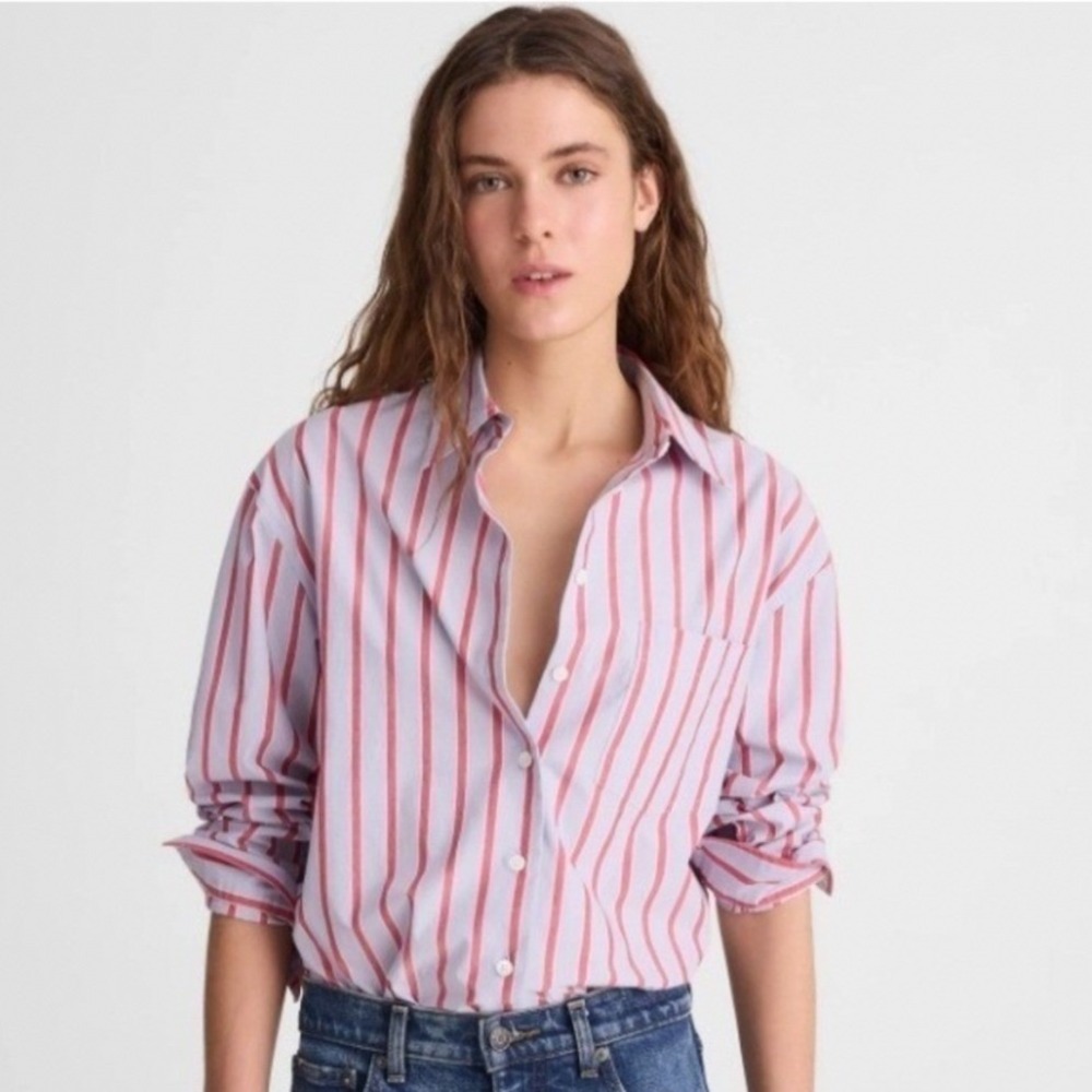 Madewell Easy Long Sleeve Shirt L Cotton Tranquil Blue Red Stripe NZ421